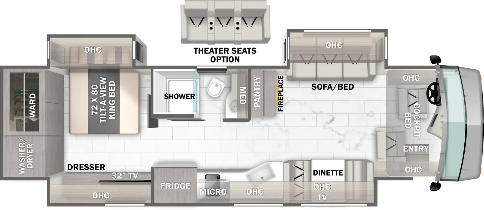 The 34B has 3 slide outs and one entry door. Interior layout front to back: cockpit with entry door, overhead cabinets and cockpit bed; off-door side slideout with sofa and overhead cabinet; door side slideout with dinette, overhead cabinet, TV, kitchen counter with sink, microwave above cooktop, refrigerator, and bedroom dresser with overhead cabinet and TV; off-door side pantry and fireplace on inner wall and side aisle full bathroom; rear off-door side tilt-a-view king bed slideout with overhead cabinet; rear wardrobe and closet with washer/dryer prep. Optional heater seats in place of sofa.